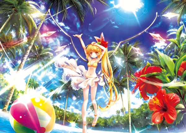 Anime picture 1280x914 with touhou flandre scarlet catbell single blonde hair red eyes cloud (clouds) ponytail very long hair arm up hair flower sunlight bare legs from below hand on head walking scenic girl navel flower (flowers)