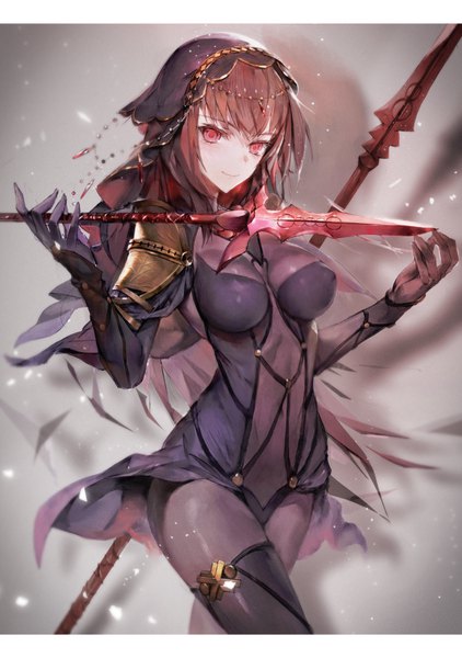 Anime-Bild 800x1136 mit fate (series) fate/grand order scathach (fate) (all) scathach (fate) hxxg single long hair tall image looking at viewer breasts light erotic simple background smile red eyes brown hair large breasts payot grey background shadow letterboxed