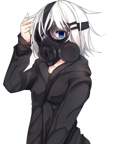 Anime picture 898x1119 with original ringo-chan (otokuyou) otokuyou single tall image looking at viewer short hair blue eyes simple background white background white hair arm up adjusting hair girl hairclip turtleneck gas mask