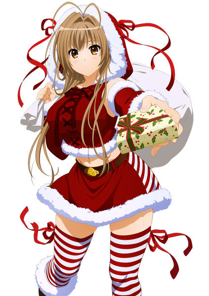 Anime picture 5644x8000 with amagi brilliant park kyoto animation sento isuzu single long hair tall image looking at viewer highres brown hair brown eyes absurdres fur trim christmas transparent background girl thighhighs skirt hat fur striped thighhighs