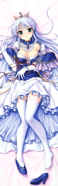 Anime picture 2308x7395 with yoake mae yori ruri iro na august soft feena fam earthlight bekkankou single long hair tall image blush highres blue eyes light erotic blue hair full body dakimakura (medium) girl thighhighs dress gloves white thighhighs elbow gloves