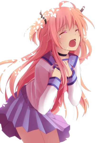 Anime-Bild 927x1200 mit angel beats! key (studio) yui (angel beats!) hitsukuya single long hair tall image open mouth simple background white background pink hair ahoge eyes closed pleated skirt two side up tears crying girl skirt uniform