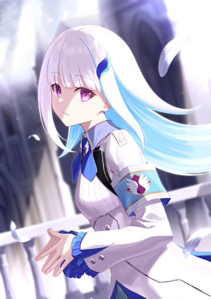 Anime picture 2481x3508 with virtual youtuber nijisanji lize helesta lize helesta (1st costume) daifuku (tkja3555) single long hair tall image looking at viewer highres purple eyes upper body white hair multicolored hair shaded face colored inner hair fingers together girl feather (feathers) armband