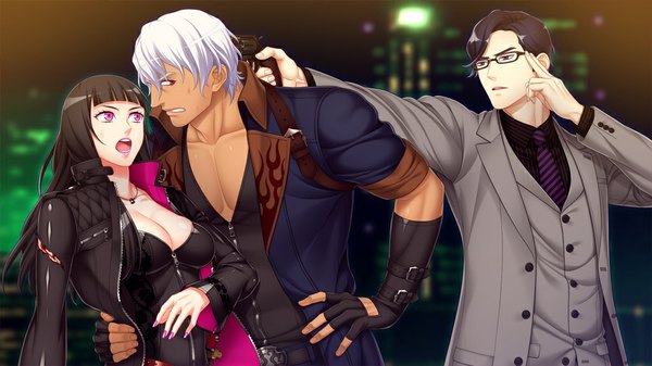 Anime picture 1024x576 with sanzen sekai yuugi nakahara tomoe orion dreadnought seishiro kira long hair fringe open mouth black hair wide image standing purple eyes looking away white hair open clothes open jacket couple hand on hip surprised girl boy