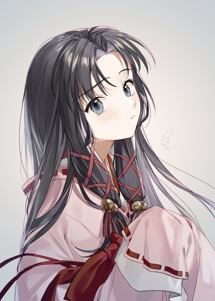 Anime picture 858x1200 with air key (studio) kannabi no mikoto almic single long hair tall image looking at viewer black hair simple background upper body traditional clothes japanese clothes grey background grey eyes tress ribbon hair bell girl ribbon (ribbons) hair ribbon
