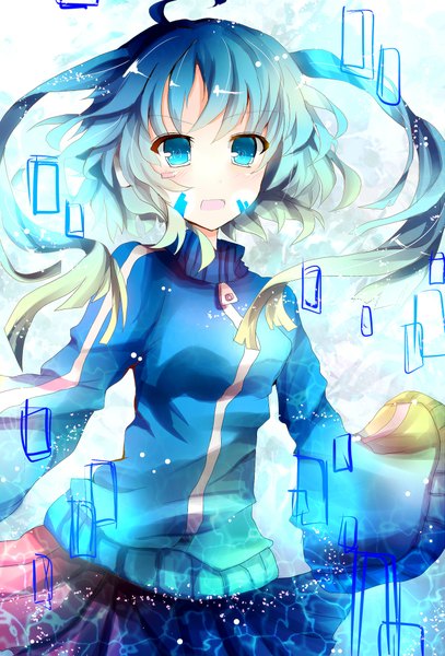 Anime picture 1481x2184 with kagerou project shaft (studio) ene (kagerou project) azumamutuki single long hair tall image looking at viewer blush open mouth blue eyes twintails blue hair long sleeves spread arms girl skirt sweater