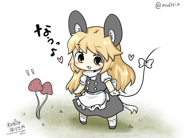 Anime picture 1024x768 with touhou kirisame marisa mouse marisa yuasan single long hair blush open mouth blonde hair smile standing white background signed animal ears yellow eyes full body tail :d animal tail twitter username