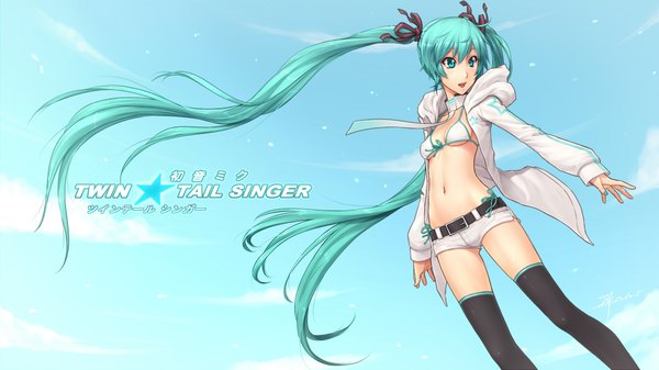 Anime picture 1920x1080 with vocaloid hatsune miku dan (kumadan) highres open mouth wide image twintails very long hair aqua eyes aqua hair open clothes open jacket midriff girl thighhighs navel black thighhighs necktie shorts bikini top