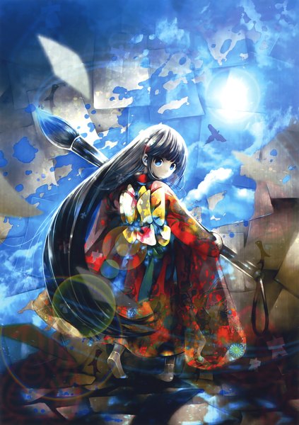 Anime picture 2329x3300 with original eshi 100-nin ten kuwada yuuki single tall image looking at viewer highres blue eyes black hair sky long sleeves very long hair traditional clothes japanese clothes looking back scan lens flare turning head girl animal