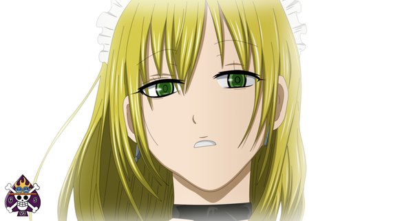 Anime picture 1694x910 with beelzebub studio pierrot yolda seireiart single long hair simple background blonde hair wide image white background green eyes coloring portrait close-up face girl earrings hairband