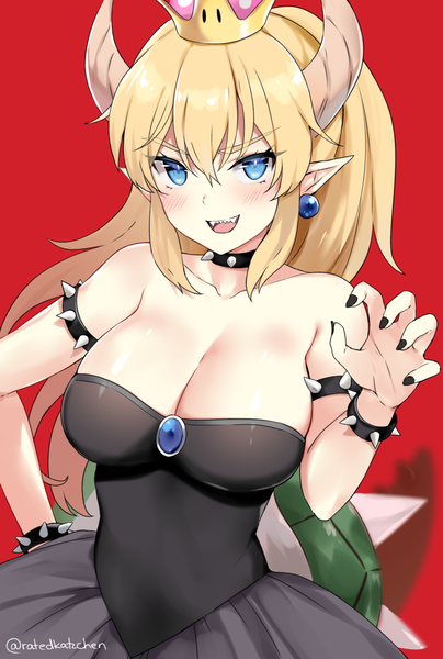 Anime picture 877x1302 with super mario bros. new super mario bros. u deluxe bowsette kaetzchen single long hair tall image looking at viewer blush breasts open mouth blue eyes light erotic simple background smile large breasts signed cleavage ponytail nail polish