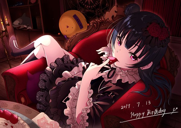 Anime picture 2000x1422 with love live! sunshine!! sunrise (studio) love live! tsushima yoshiko keidai single long hair looking at viewer highres black hair pink eyes hair bun (hair buns) crossed legs dated eating reclining happy birthday girl earrings food