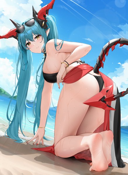 Anime picture 3631x4979 with azur lane regensburg (azur lane) regensburg (dark dragon brilliant beach) (azur lane) qing wu single long hair tall image looking at viewer fringe highres breasts light erotic hair between eyes large breasts twintails yellow eyes payot blue hair absurdres sky