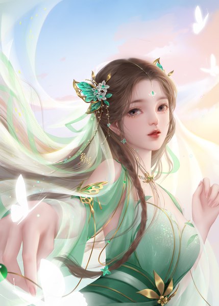Anime picture 3000x4193 with zhu xian bi yao bi yao zhuye single long hair tall image looking at viewer highres brown hair brown eyes sky cleavage cloud (clouds) upper body wind lips realistic outstretched arm animal print wind lift