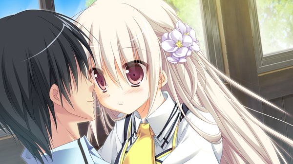 Anime picture 2560x1440 with 1/2 summer kaminogi ushio sesena yau long hair blush highres black hair red eyes wide image game cg white hair hair flower couple girl boy uniform hair ornament school uniform