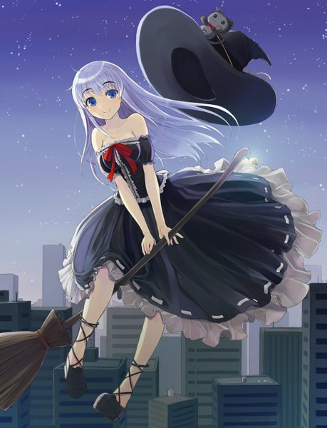 Anime picture 1000x1305 with original hareno chiame (artist) single long hair tall image blue eyes smile silver hair witch girl dress witch hat