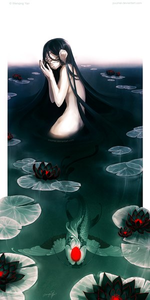 Anime picture 750x1500 with original yuumei single long hair tall image light erotic black hair pale skin abstract girl flower (flowers) water fish (fishes) lotus
