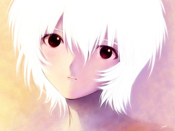 Anime picture 1280x960 with neon genesis evangelion gainax ayanami rei kobayashi yuji single looking at viewer blush short hair simple background red eyes signed white hair close-up face girl