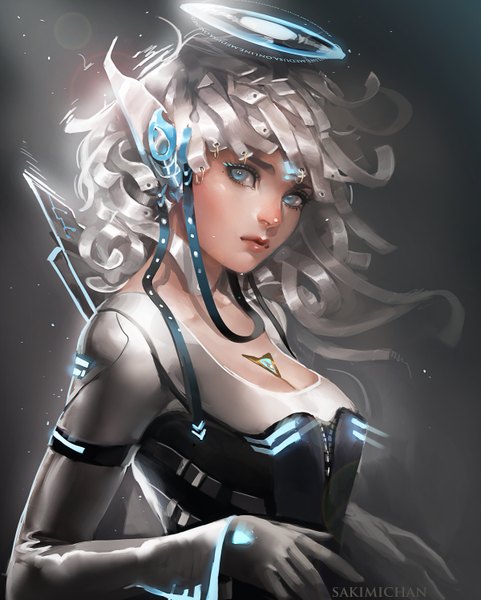 Anime picture 1200x1497 with original sakimichan single tall image looking at viewer silver hair aqua eyes lips pointy ears realistic girl gloves bodysuit