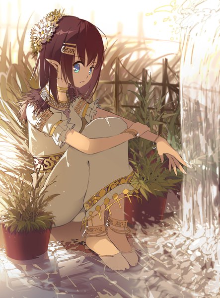 Anime picture 1099x1489 with original ajahweea single tall image looking at viewer fringe short hair blue eyes brown hair sitting payot full body bent knee (knees) outdoors traditional clothes parted lips barefoot hair flower pointy ears short sleeves