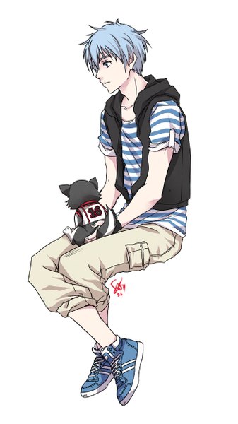 Anime picture 700x1244 with kuroko no basket production i.g kuroko tetsuya tagme (artist) tall image short hair blue eyes simple background white background sitting signed blue hair profile striped sad boy animal shoes t-shirt sneakers