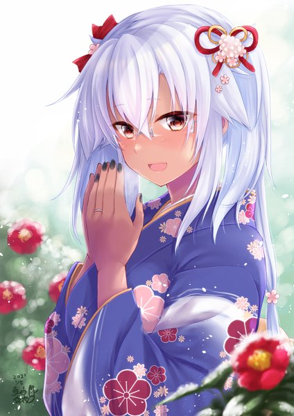 Anime picture 2024x2866 with kantai collection musashi super battleship mashiro yukiya single long hair tall image looking at viewer blush fringe highres breasts open mouth smile hair between eyes large breasts twintails brown eyes upper body nail polish traditional clothes