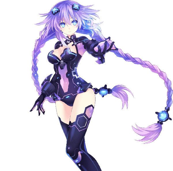 Anime picture 1304x1290 with choujigen game neptune purple heart tsunako single looking at viewer blue eyes purple hair braid (braids) very long hair official art twin braids outstretched arm transparent background girl gloves hair ornament thigh boots bodysuit leotard