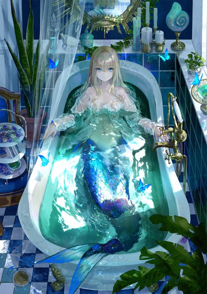 Anime picture 1697x2400 with original fuzichoco single long hair tall image looking at viewer fringe blue eyes light erotic blonde hair hair between eyes full body indoors long sleeves from above sunlight no bra shadow partially submerged reflection