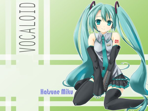Anime picture 1600x1200 with vocaloid hatsune miku long hair twintails bare shoulders pleated skirt green hair light smile zettai ryouiki covering crotch girl detached sleeves miniskirt necktie