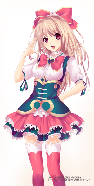 Anime picture 600x1187 with original fukune single long hair tall image open mouth blonde hair simple background smile white background :d pink eyes underbust girl thighhighs dress bow hair bow frills corset