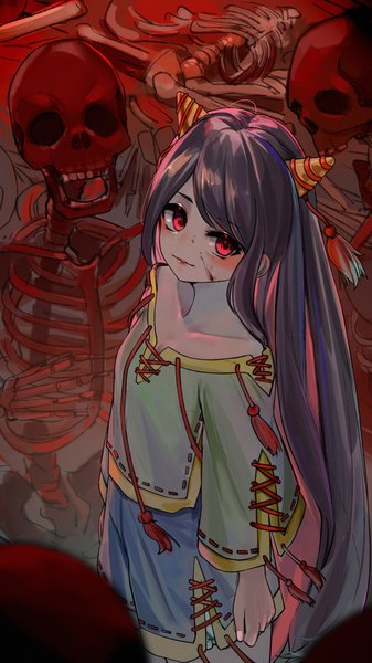 Anime picture 2160x3840 with touhou nippaku zanmu kourou (kouroukun) single long hair tall image looking at viewer highres black hair red eyes standing horn (horns) from above blood on face skeleton girl blood tassel