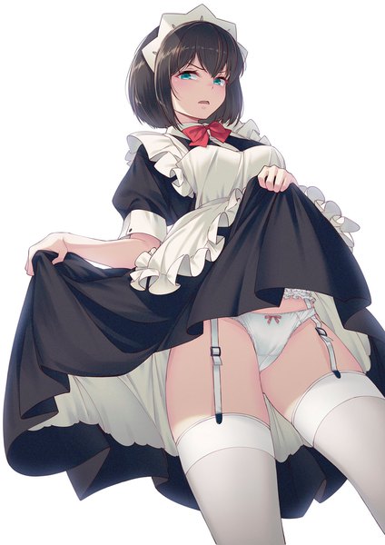 Anime picture 1000x1414 with iya na kao sare nagara opantsu misete moraitai itou chitose 40hara single tall image looking at viewer fringe open mouth light erotic black hair simple background hair between eyes standing white background aqua eyes from below short sleeves maid puffy sleeves thighs