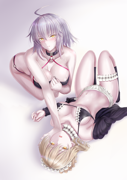 Anime picture 2480x3507 with fate (series) fate/grand order artoria pendragon (all) jeanne d'arc (fate) (all) jeanne d'arc alter (fate) jeanne d'arc alter (swimsuit berserker) (fate) artoria pendragon (alter swimsuit rider) (fate) penguintake tall image looking at viewer blush fringe highres short hair breasts open mouth light erotic blonde hair simple background hair between eyes