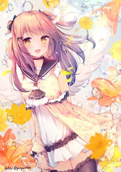 Anime picture 700x990 with original azu torako single long hair tall image open mouth brown hair yellow eyes looking away ahoge :d two side up white wings girl thighhighs flower (flowers) black thighhighs wings choker water drop