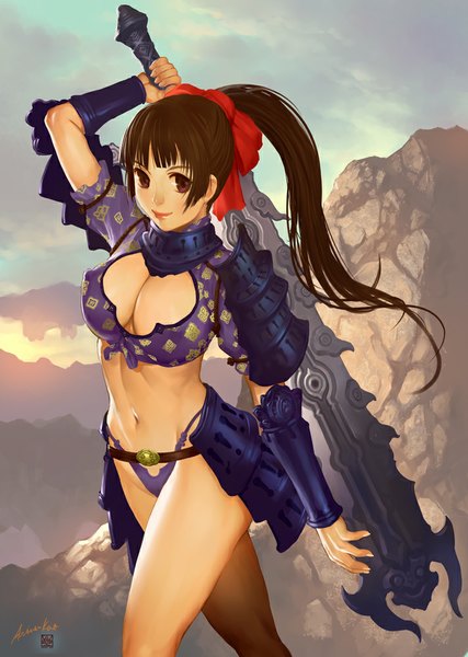 Anime-Bild 712x1000 mit ariver kao single long hair tall image looking at viewer blush fringe breasts light erotic smile red eyes brown hair holding signed sky cloud (clouds) ponytail bare belly mountain girl