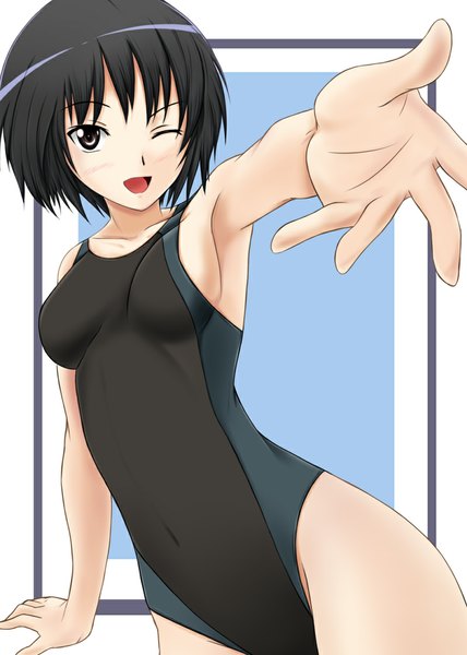 Anime picture 800x1120 with amagami nanasaki ai fuuma nagi single tall image looking at viewer blush short hair open mouth light erotic black hair brown eyes one eye closed wink girl swimsuit one-piece swimsuit school swimsuit