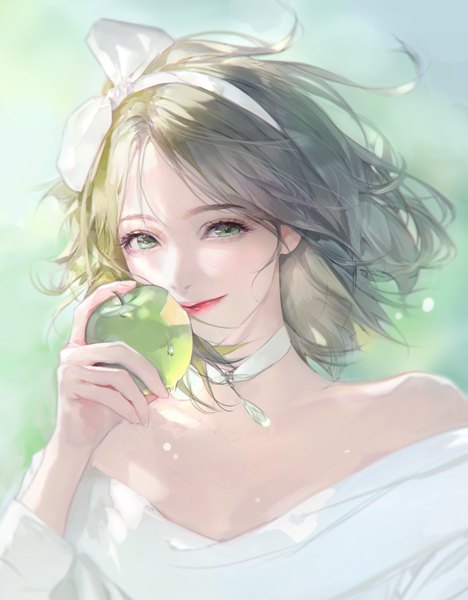 Anime picture 2576x3302 with original bm94199 single tall image looking at viewer fringe highres short hair smile holding green eyes upper body wind lips grey hair realistic off shoulder girl bow hair bow