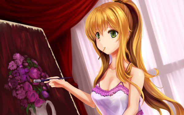 Anime picture 1920x1200 with original rhineheim single long hair looking at viewer highres blonde hair green eyes ponytail cropped girl dress sweets picture pocky paintbrush art brush