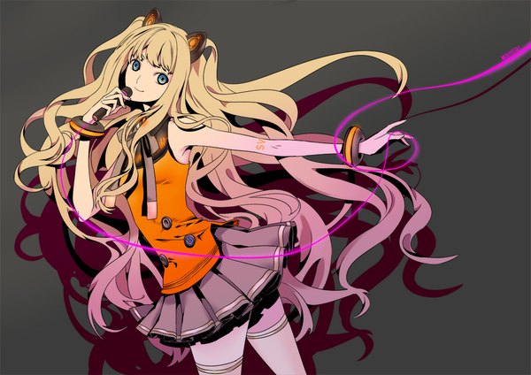 Anime picture 1052x744 with vocaloid seeu mouseqi (artist) long hair blue eyes blonde hair simple background grey background shadow two side up girl thighhighs skirt miniskirt white thighhighs microphone