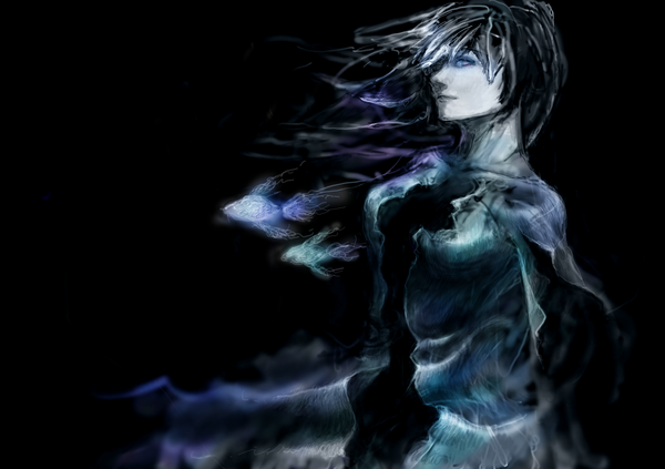 Anime picture 2000x1412 with original dura looking at viewer fringe highres black hair hair over one eye grey eyes black background girl cloak fish (fishes)