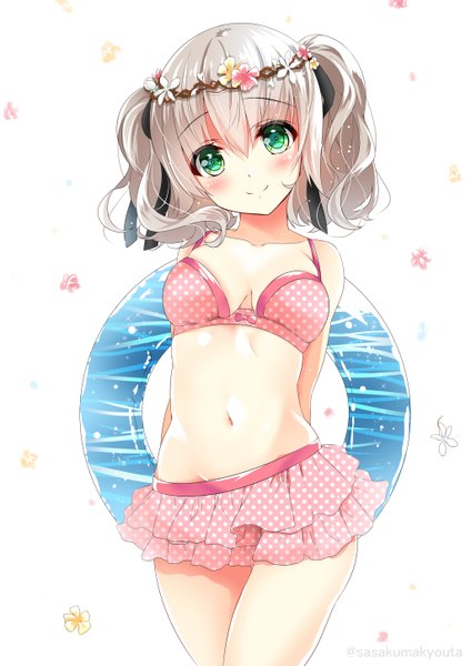 Anime picture 1023x1447 with original sasakuma kyouta single tall image looking at viewer blush fringe short hair light erotic simple background smile hair between eyes standing white background twintails bare shoulders holding green eyes signed payot