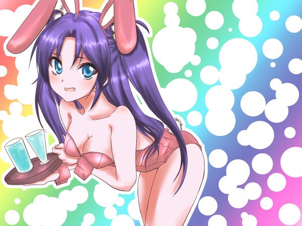 Anime picture 1600x1200 with single looking at viewer blush open mouth blue eyes light erotic purple hair bunny girl waitress girl bunnysuit glass tray