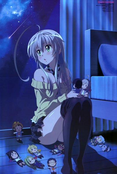 Anime picture 4084x6029 with haiyore! nyaruko-san newtype nyaruko cthugha (nyaruko-san) hastur luhy distone oomori mami long hair tall image blush highres light erotic bare shoulders green eyes absurdres silver hair ahoge night girl thighhighs