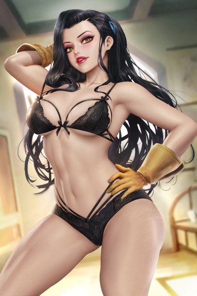 Anime picture 2400x3597 with avatar: the legend of korra asami sato nudtawut thongmai single long hair tall image looking at viewer highres breasts light erotic black hair large breasts standing green eyes indoors parted lips lips blurry realistic depth of field
