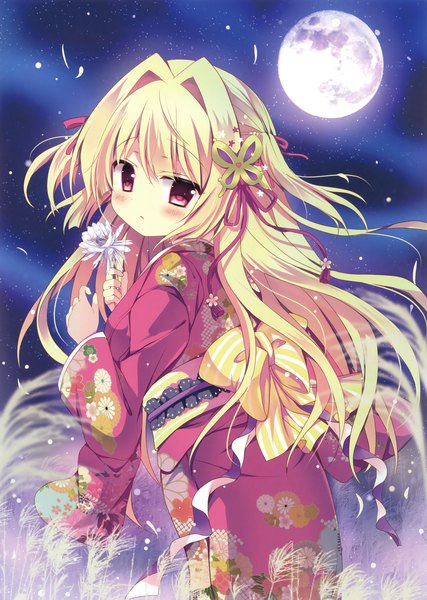 Anime picture 2494x3500 with original azumi kazuki single long hair tall image looking at viewer blush highres blonde hair red eyes traditional clothes japanese clothes looking back scan night two side up girl hair ornament flower (flowers) ribbon (ribbons)