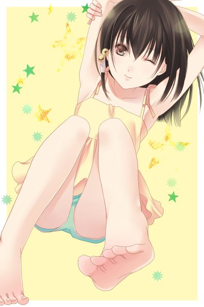 Anime picture 1000x1500 with getbackers studio deen fuuchouin kazuki hirai chika single long hair tall image looking at viewer black hair brown eyes lying barefoot light smile no shoes flat chest arms behind head otoko no ko dress boy bell