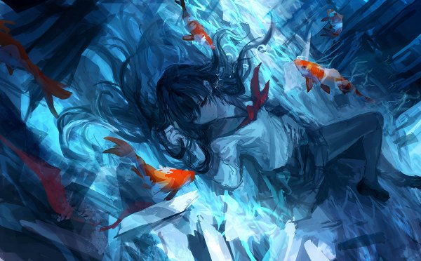 Anime picture 1200x744 with original lm7 (op-center) single long hair black hair wide image brown eyes lying underwater revision girl skirt uniform pantyhose serafuku bubble (bubbles) fish (fishes)