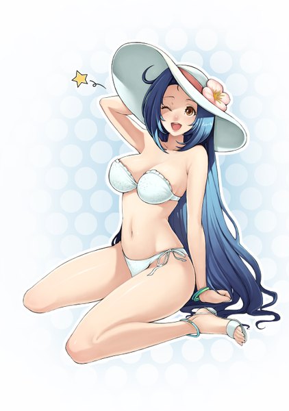 Anime picture 1000x1420 with idolmaster miura azusa fasces single long hair tall image breasts open mouth light erotic brown eyes blue hair one eye closed wink girl navel swimsuit hat bikini white bikini