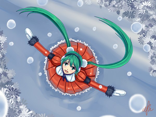 Anime picture 1024x768 with vocaloid hatsune miku long hair twintails green eyes signed green hair from above snowing looking up spread arms winter snow girl winter clothes mittens