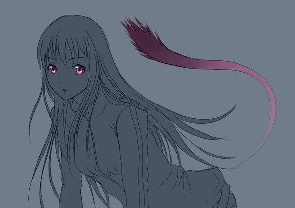 Anime picture 1555x1100 with noragami studio bones iki hiyori kane-lavi single long hair looking at viewer fringe simple background purple eyes tail grey background alternate costume monochrome spot color girl